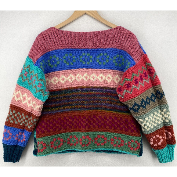 HAND KNIT Sweater Womens M Nordic Striped Jacquard Chunky Jumper Boxy Pink Blue - Picture 1 of 14